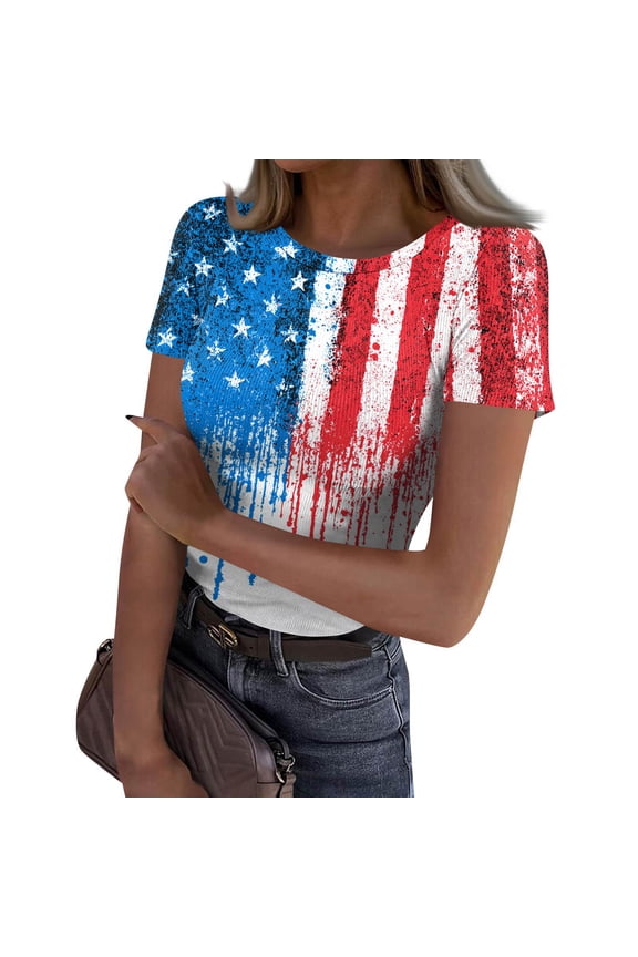 250 Anniversary Usa Shirts Womens Usa Star Stripes Red White Blue Crew Neck T-Shirts Flag Short Sleeve Ribbed Vintage Tops 4th July Workout Tees Royal Blue XL