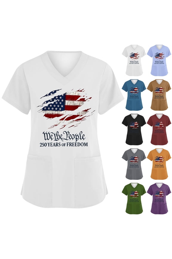 250 Anniversary Usa Tshirt for Women Fourth Of July Printed Short Sleeve Scrubs Tees 4th Of July 250 Years Birthday Causal T-Shirts Red White and Blue Basic V Neck Tops Black M
