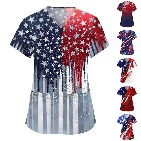 KDDYLITQ 250 Anniversary Usa Tshirt for Women July 4th National Flag Print V Neck Tops Liberty Usa Flag Independence Tees Red White and Blue Basic Short Sleeve Blouses Dark Blue L