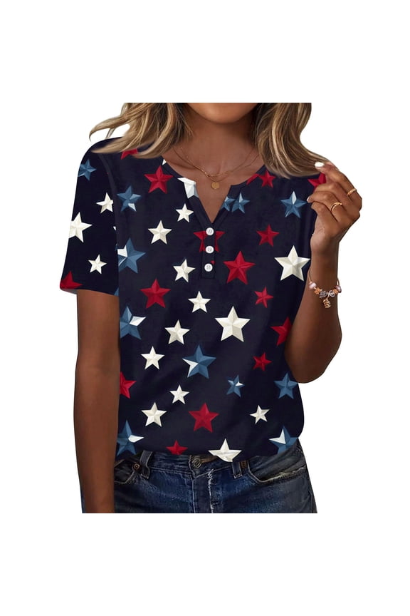 250 Year Anniversary Shirt for Women 250th Anniversary Printed Button V Neck Blousees Usa Flag Short Sleeve Tops Lightweight Work Tees Navy S