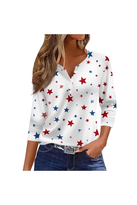 250 Year Anniversary Shirts for Women Usa Star Stripes 3/4 Sleeve Tops Usa Flag Button V Neck 4th July Tees Vintage Comfy Blousees Dark Blue S
