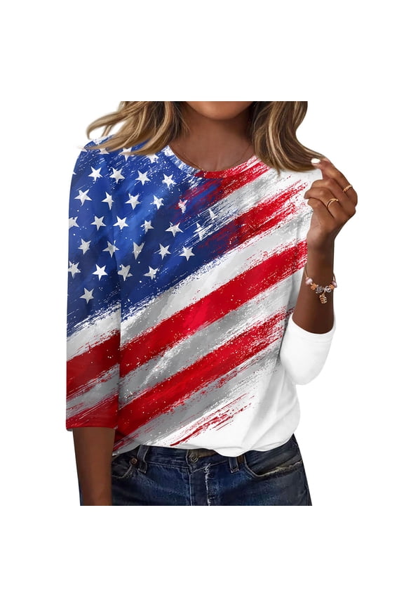 250 Years Of Shirt Womens Usa Star Stripes Crew Neck Tops Usa Flag 3/4 Sleeve Patriotic Blousees Workout Tees Red M