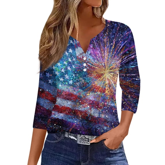KDDYLITQ 250th Anniversary Independence Day Shirts Womens 250th Anniversary Printed 3/4 Sleeve Red White Blue T-Shirts Flag Button V Neck Fourth Of July Blousees Vintage Workout Clothes Dark Blue 2XL