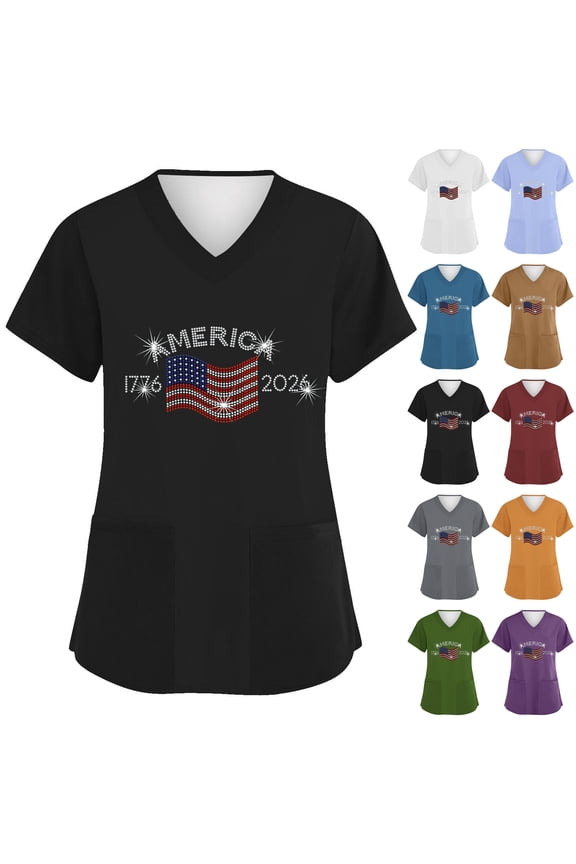 250th Anniversary Independence Day Tshirt for Women Summer 250 Years Birthday Short Sleeve Scrubs Blouses Fourth Of July Usa Flag Patriotic Tops 250th Birthday Cute V Neck Tees Purple S