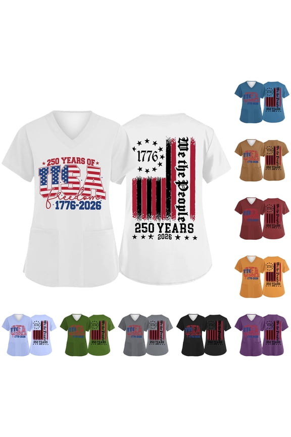 250th Anniversary Independence Day Tshirt for Women Summer 250th Birthday Short Sleeve Scrubs T-Shirts Causal Red White Blue American Birthday Blouses Printed Cute V Neck Tops Royal Blue L