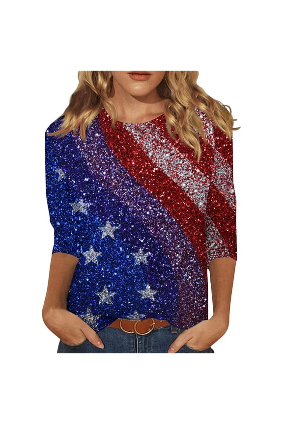 250th Anniversary Shirts Womens 250th Anniversary Printed 3/4 Sleeve Red White Blue Clothes Flag Crew Neck 4th July T-Shirts Summer Workout Tops Dark Blue 3XL