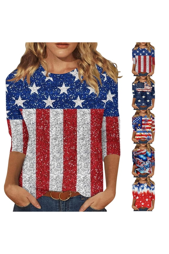 250th Anniversary Usa Shirts for Women July 4th Usa Flag 3/4 Sleeve Tops Causal Red White and Blue Patriotic Tees National Flag Print Trendy Crew Neck Blouses Red S