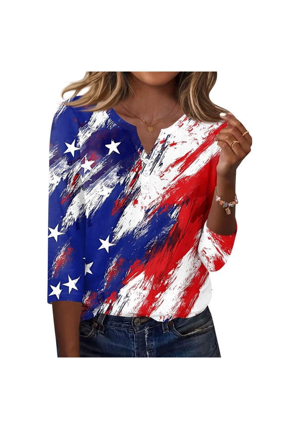 250th Anniversary Usa Shirts Womens Usa Star Stripes 3/4 Sleeve Red White Blue T-Shirts Usa Flag Button V Neck Clothes Summer Athletic Tees Blue S