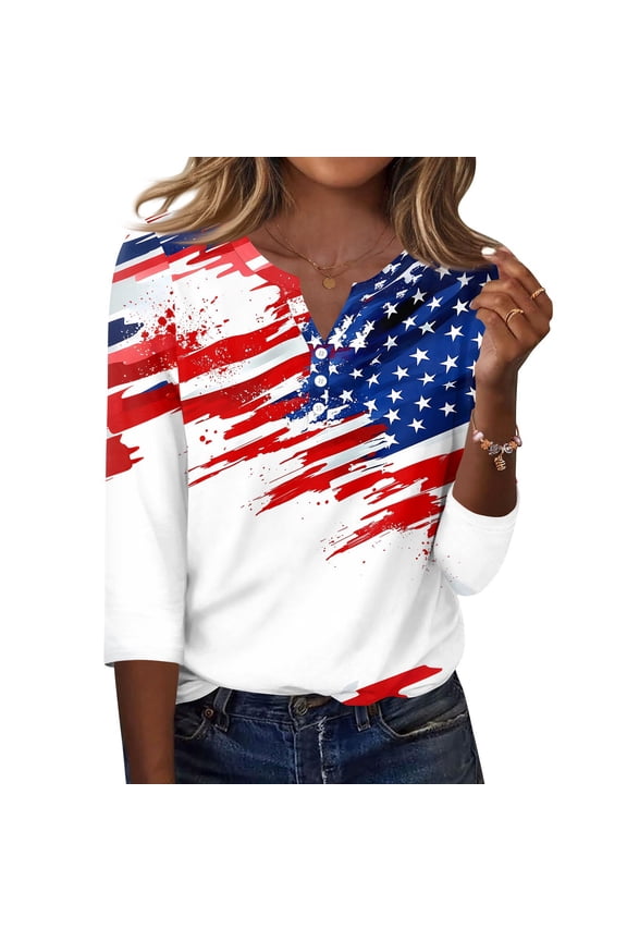 250th Anniversary Usa Shirts Womens Usa Star Stripes Button V Neck Red White Blue Tees Usa Flag 3/4 Sleeve Lounge Clothes Birthday Comfy T-Shirts Blue S