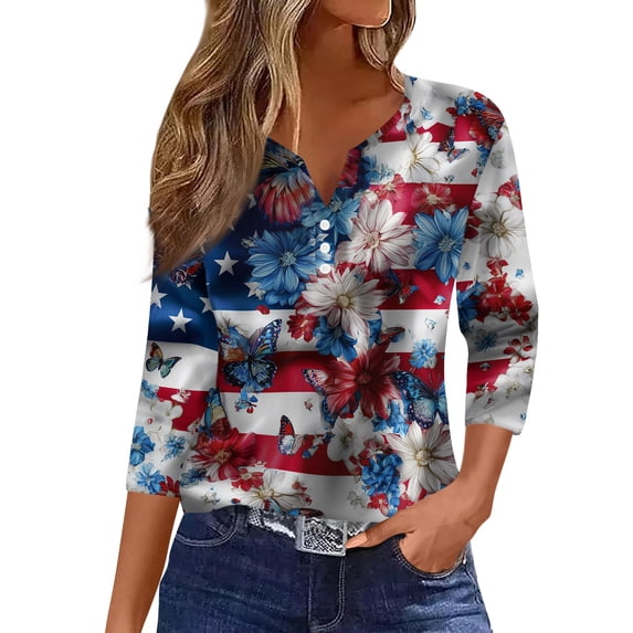 KDDYLITQ 250th Anniversary Usa Shirts for Women Usa Star Stripes 3/4 Sleeve Tees Flag Button V Neck July 4th Clothes Vintage Workout Tops White L