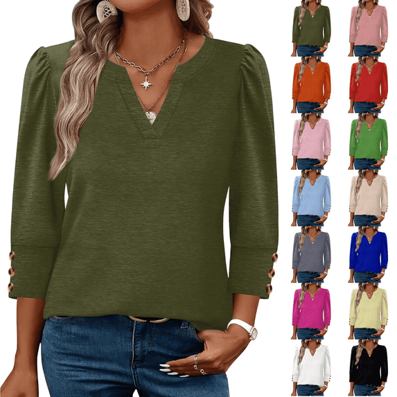 KDDYLITQ 3/4 Length Sleeve Womens Tops with Button Cuffs Dressy Casual V Neck Shirts Summer Fashion Workout Solid Tunic Blouses Army Green XL