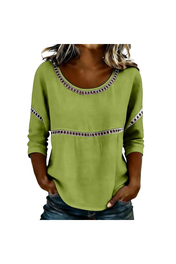 3/4 Sleeve Tops for Women Lace Patch Casual Dressy Blouses Trendy Shirts Round Neck Loose Fit Tunic Top Green 2XL