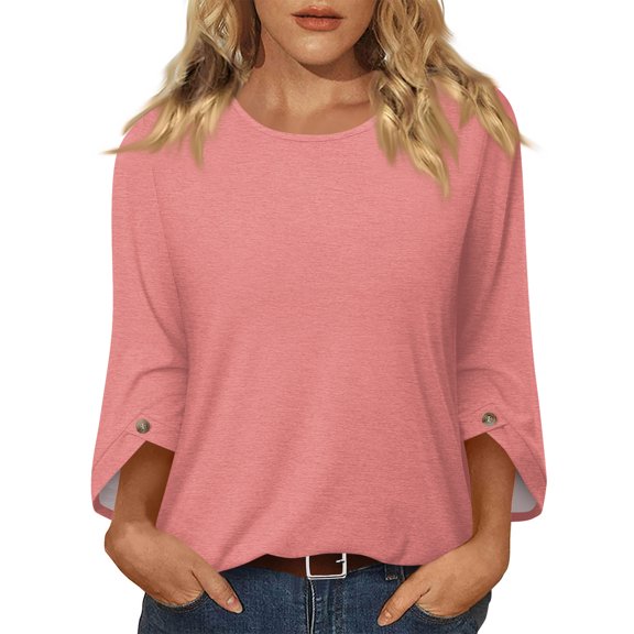 KDDYLITQ 3/4 Sleeve Tops for Women with Buttons Crew Neck Summer Casual Blouses 2026 Beach Vacation Shirts Pink L