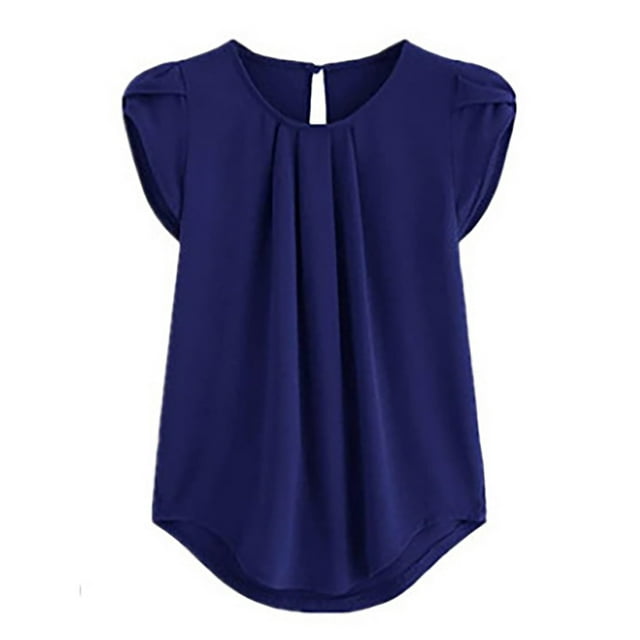 KDDYLITQ Basic Tops Work Chiffon Pleated Plus Blouses Women Petal Sleeve Chiffon Crew Neck Blouses for Women Keyhole Back Tee Shirts for Women Plus Size Dark Blue 4X