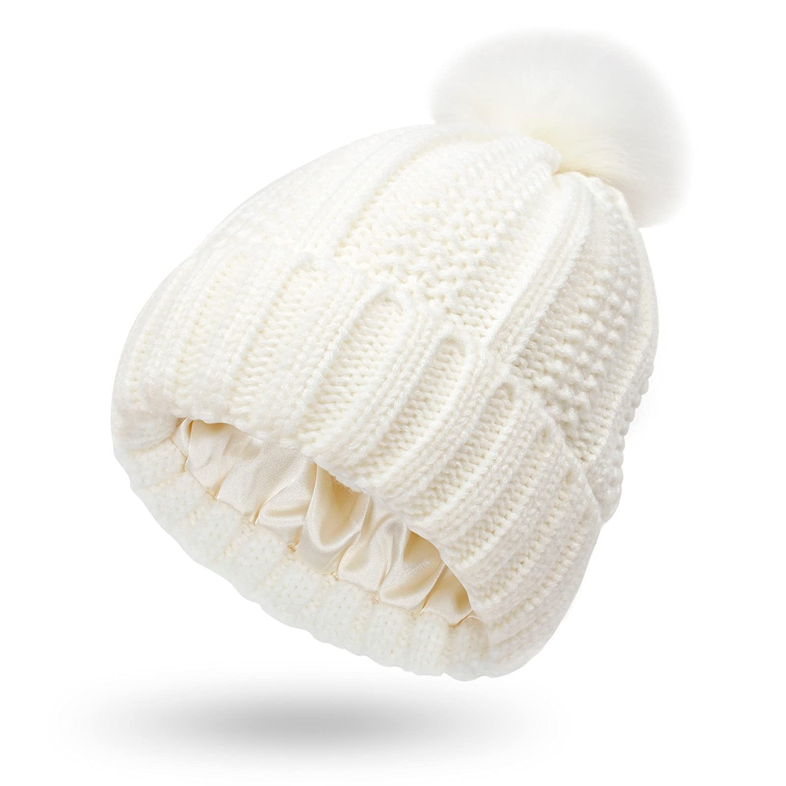 Kddylitq Beanie Light Faux Fur Pompom Furry Hat Cable Knit Chunky Classic Winter Soft Pompom White Free size, Women's, Size: One Size