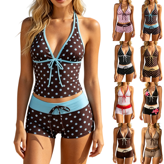 KDDYLITQ Bikini Sets for Women Polka Dot Vintage Y2k V Neck Bikini Top High Waisted Drawstring Boyshort 2 Piece Beach Tankini Swimwear Blue L