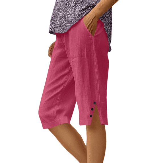 KDDYLITQ Capri Pants for Women Side Slit Buttons Summer Trousers Elastic High Waisted Knee-Length Plus Size Bottoms Loose Running Joggers with Pockets Hot Pink S