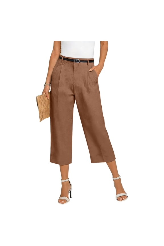 Capri Pants for Women Casual Linen Boho Wide Leg Cropped Pants with Pockets Baggy High Waisted Trousers Camel XL