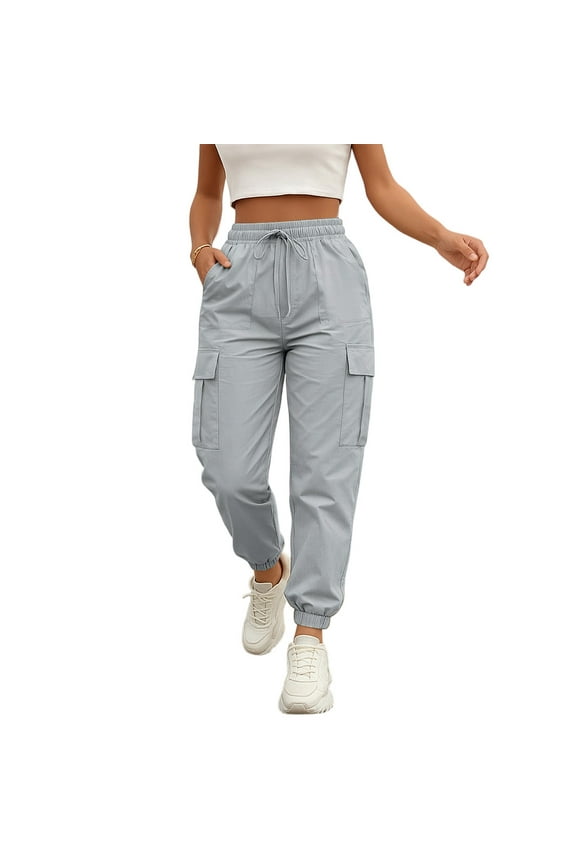 Cargo Pants Women Quick Drying Barrel Pants Tactical Elastic High Waist Sweat Trousers Cinch Drawstring Cargo Joggers Lounge Cargo Sweatpants with Pockets Light Blue M