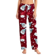 KDDYLITQ Christmas Pajama Pants for Women Wide Leg Plus Size Sleepwear Drawstring Christmas Tree Cute Sweatpants Length Long Red with Fashion Sweat Pants Wine XL