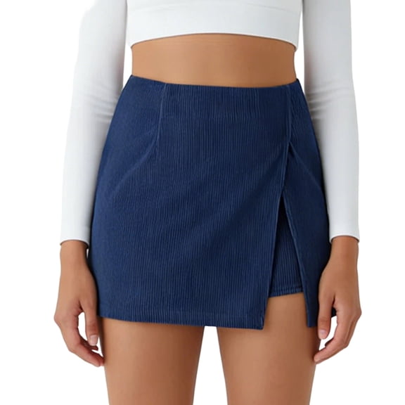 KDDYLITQ Corduroy Skirt Women High Waisted Split Hem Skort a Line Bodycon Fall Mini Skirt Cute Elegant Short Skirts Dark Blue S