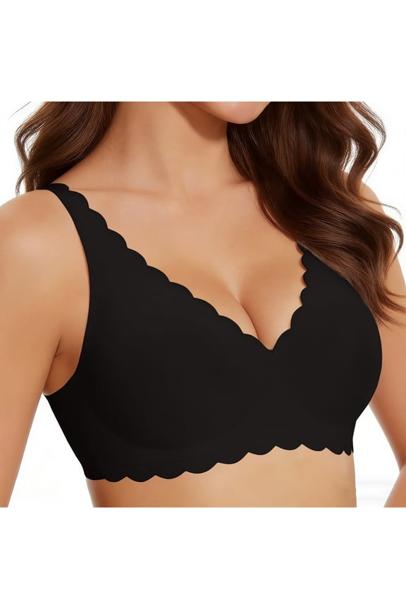 Deep V Petal Bras for Women No Underwire Soft Wireless Bralette Seamless Comfort Gathering, Breathable Wavy Bra Black M