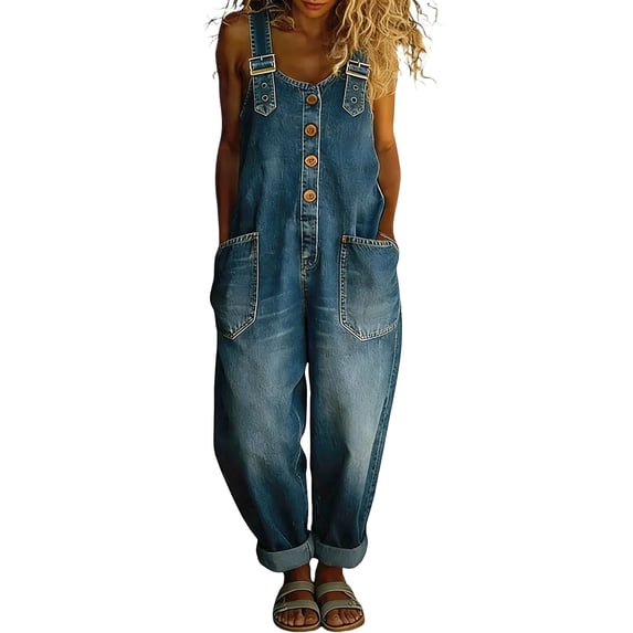 KDDYLITQ Denim Jumpsuit for Women Vintage Loose Fit Overalls Button Front Wide Leg Bib Jean Jumpsuit Adjustable Strap Casual Y2K Sleeveless Romper Pants with Pockets Blue L