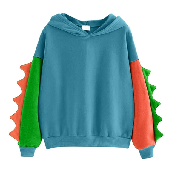KDDYLITQ Dinosaur Hoodie Women Cute Drawstring Sweat Shirts Cartoon Splice Long Sleeve Fall Sweater Oversized Hooded Tops Colorful Contrast Sleeves Cotton Comfort Pullover Blue 2XL