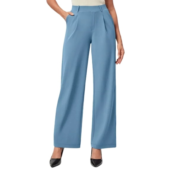 KDDYLITQ Dress Pants Women Straight Wide Leg Pants High Waist Plus Size Trousers Office 2025 Slacks with Pocket Sky Blue M