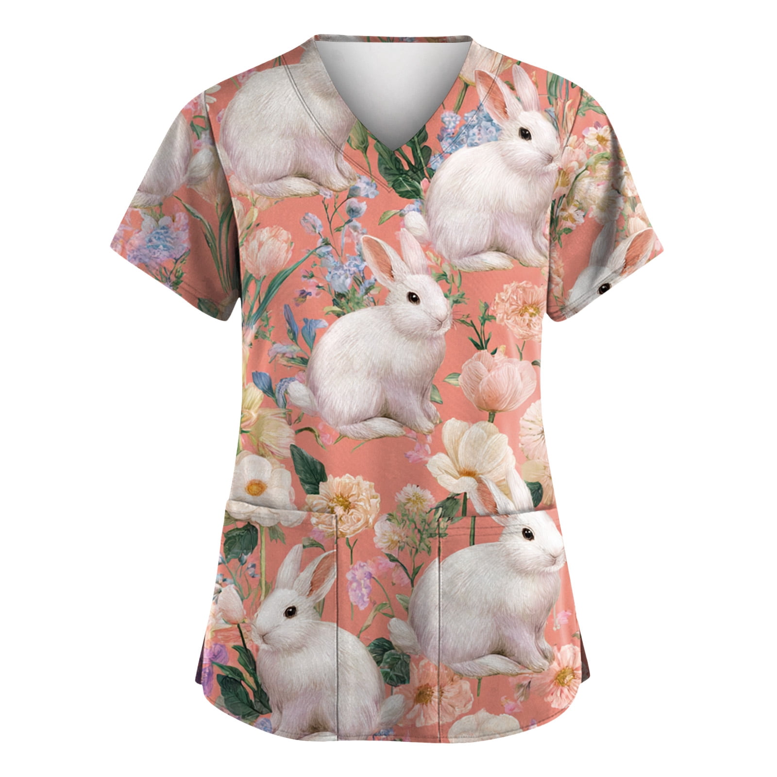 KDDYLITQ Easter Nursing Scrubs Women Short Sleeve Egg Rabbit Graphic ...