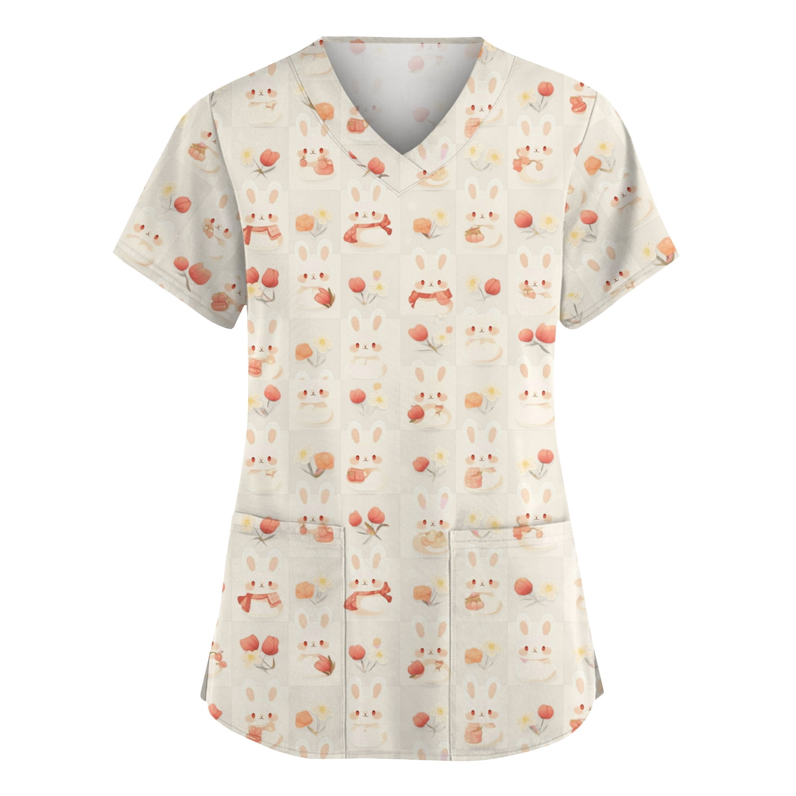 KDDYLITQ Easter Scrub Tops Women Short Sleeve Egg Rabbit Graphic Soft ...