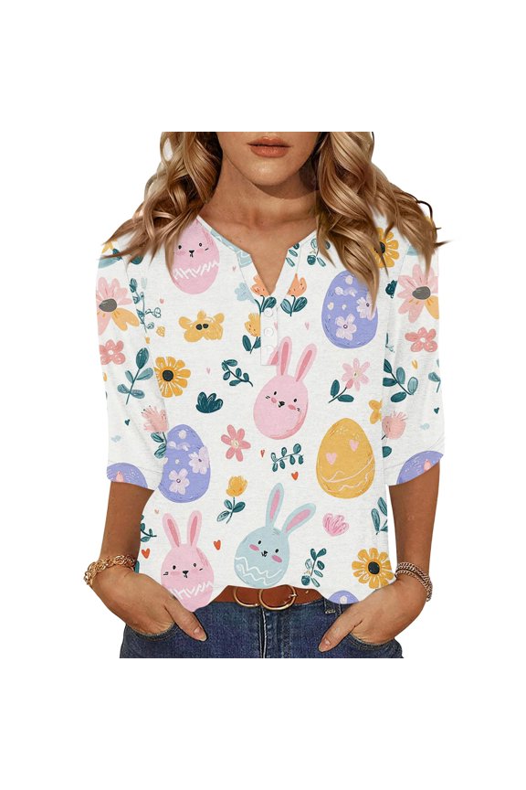 Easter Tops for Women 3/4 Sleeve Bunny Egg Hunt Print Tees Button V Neck Polka Dot Eggs Soft Blouse Daisies Cute Fashion Pullover Light Green S