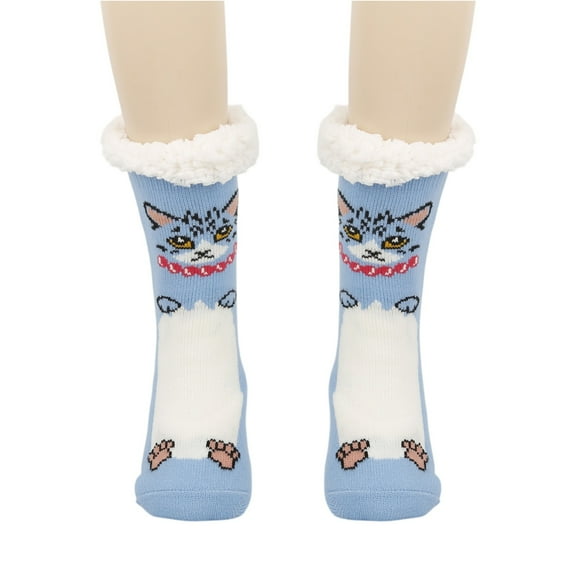 KDDYLITQ Fuzzy Slipper Socks for Women Girls Kids with Warm Sherpa Lined Animal Socks Non Slip Indoor House Stocking Stuffers Christmas Gifts Winter Blue One Size