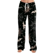 KDDYLITQ Halloween Pajama Pants Women Bat Plus Size Sweat Pants Spider Web Elastic High Waist Trousers Cute Graphic Oversized Loungewear Lightweight Trendy Sweatpants Black L