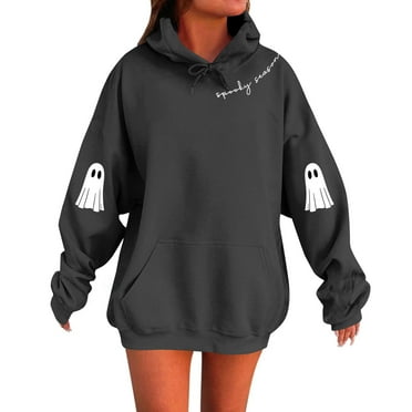 KDDYLITQ Halloween Women Hoodies Crewneck Plus Size Pullover Ghost Graphic Y2k Sweat Shirts Long Sleeve Solid Tops Oversized Hooded Dressy Clothes with Pocket Black M