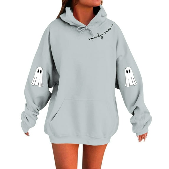 KDDYLITQ Halloween Women Hoodies Cute Ghost Y2k Clothing Drawstring Solid Clothes Crewneck Plus Size Sweater Oversized Long Sleeve Comfort Shirts with Pocket Gray M