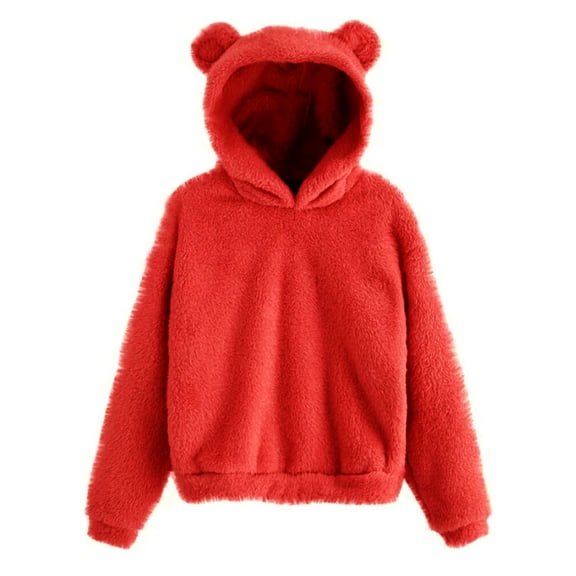 KDDYLITQ Hoodie Women Preppy Furry Winter Pullover Cute Solid Casual Sweat Shirts Cat Ear Hooded Cozy Clothing Cartoon Fluffy Loose Fit Fashion Clothes Red M