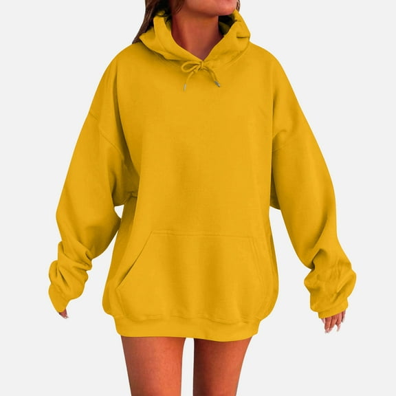 KDDYLITQ Hoodies for Women Oversized Drawstring Casual Cute Tops Y2k Hooded Long Sleeve Plus Size Sweatshirts Crew Neck Lightweight Solid Hoodies with Pockets Yellow 2XL