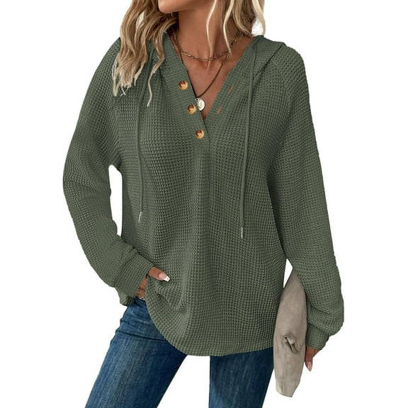 KDDYLITQ Hoodies for Women Oversized Y2k Button Solid Trendy Pullover Knit Drawstring V-Neck Loose Comfy Sweatshirt Waffle Long Sleeve Fall Fashion Tops Army Green S