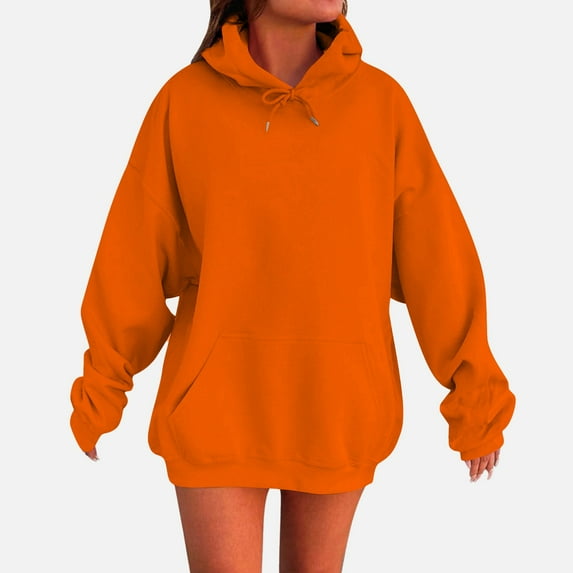 KDDYLITQ Hoodies for Women Y2k Long Sleeve Casual Cute Hoodies Oversized Hooded Drawstring Loose Pullover Crew Neck Lightweight Solid Sweatshirts with Pockets Saffron S