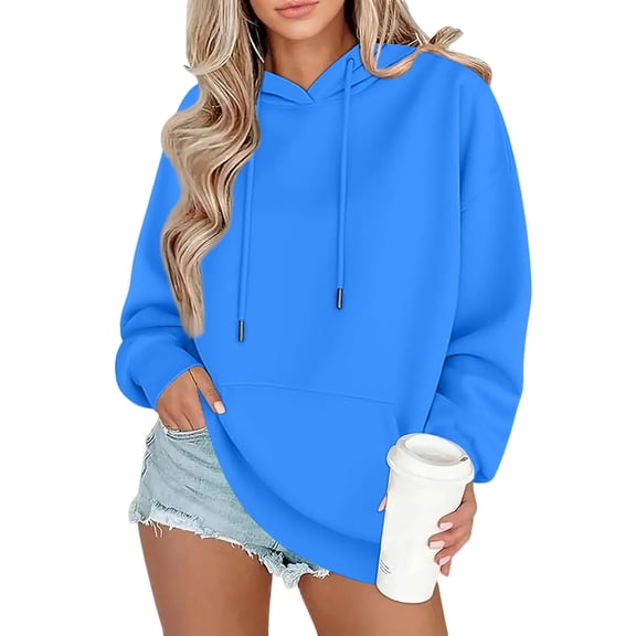 KDDYLITQ Hoodies for Women Y2k Long Sleeve Sweatshirts Fleece Drawstring Trendy Pullover Tops Winter Fashion Dressy Sweatshirt with Pocket Blue XL
