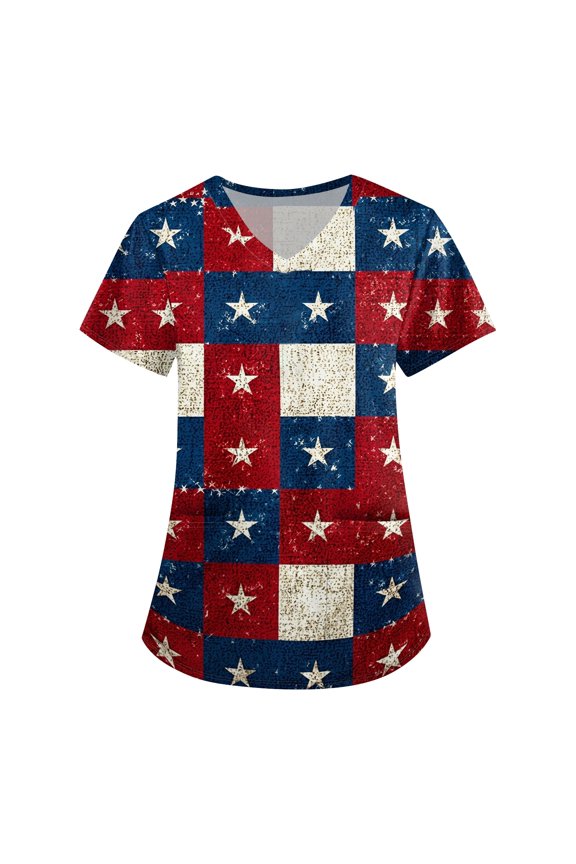 Independence Day Freedom Scrub Shirts V Neck Loose Memorial Day Scrub Shirts Short Sleeve Tunic Patriotic Funny Scrubs Freedom 2026 Trendy Scrub Top with Pockets Watermelon Red L