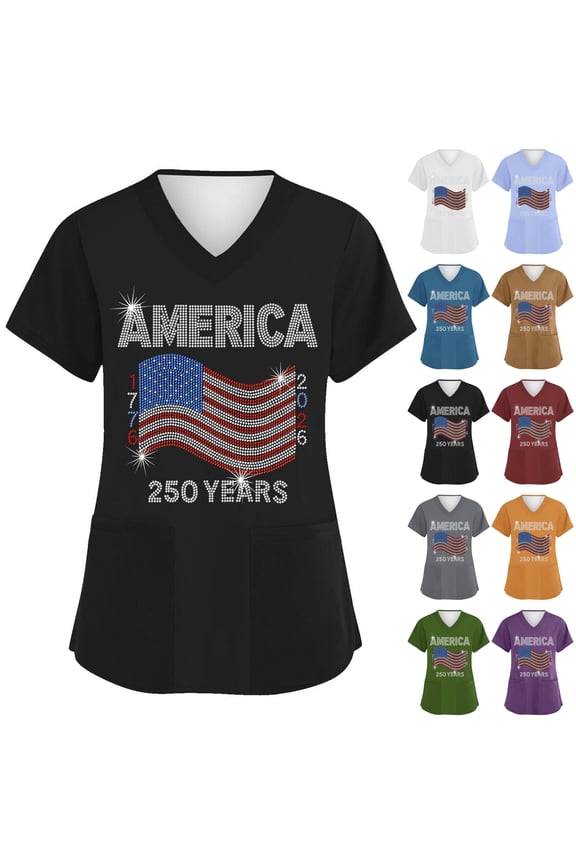 Independence Day Freedom Shirts for Women Freedom 250th Birthday V Neck T-Shirts American Birthday National Flag Print 4th Of July Tops Printed Fashion Short Sleeve Scrubs Tees Gray 5XL