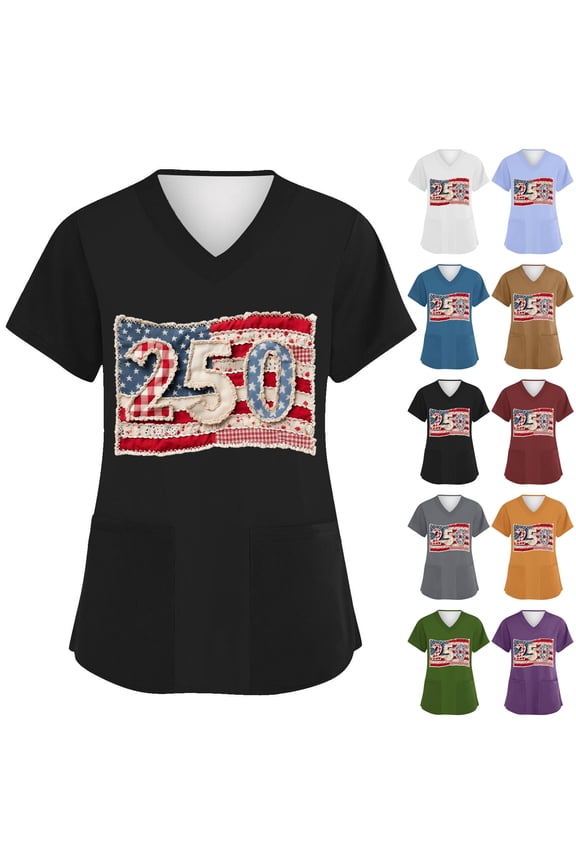 Independence Day Freedom Shirts for Women Freedom American Flag Short Sleeve Scrubs Tops Fourth Of July Red White and Blue Summer Blouses 250th Birthday 2026 V Neck Tees Earthy Yellow 5XL