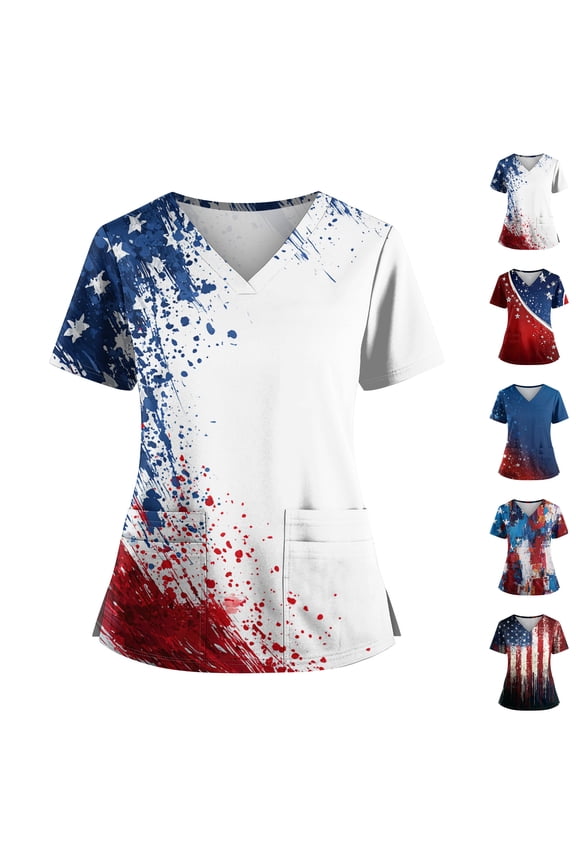 Independence Day Freedom Shirts for Women Independence National Flag Print V Neck Tops Fourth Of July 250th Birthday 4th July Tees Red White and Blue Loose Short Sleeve Scrubs Blouses Navy M