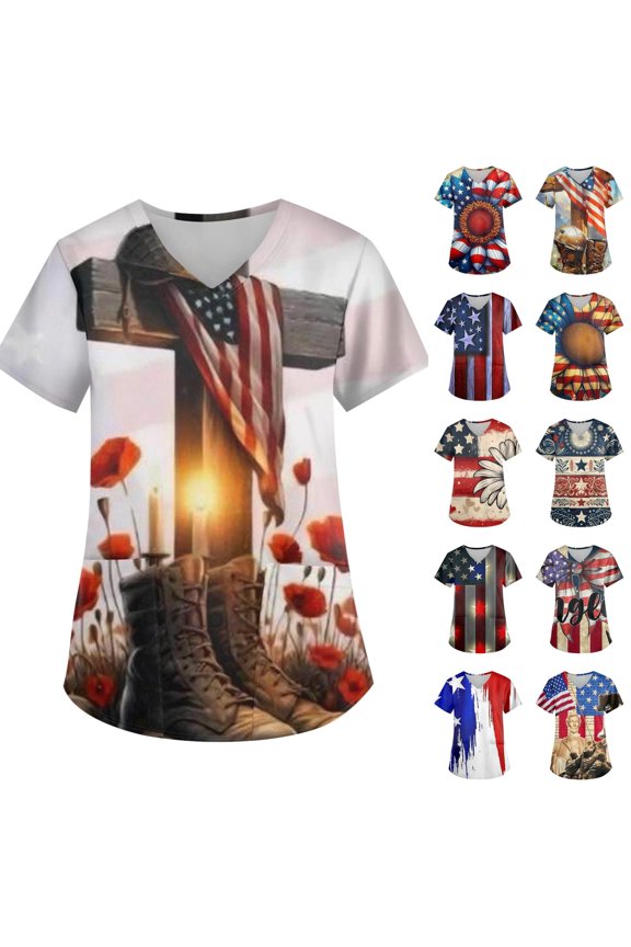 Independence Day Freedom Shirts for Women Liberty 250 Years Birthday V Neck T-Shirts 4th July 250th Birthday Freedom Blouses Usa Flag Basic Short Sleeve Scrubs Tops Navy 3XL