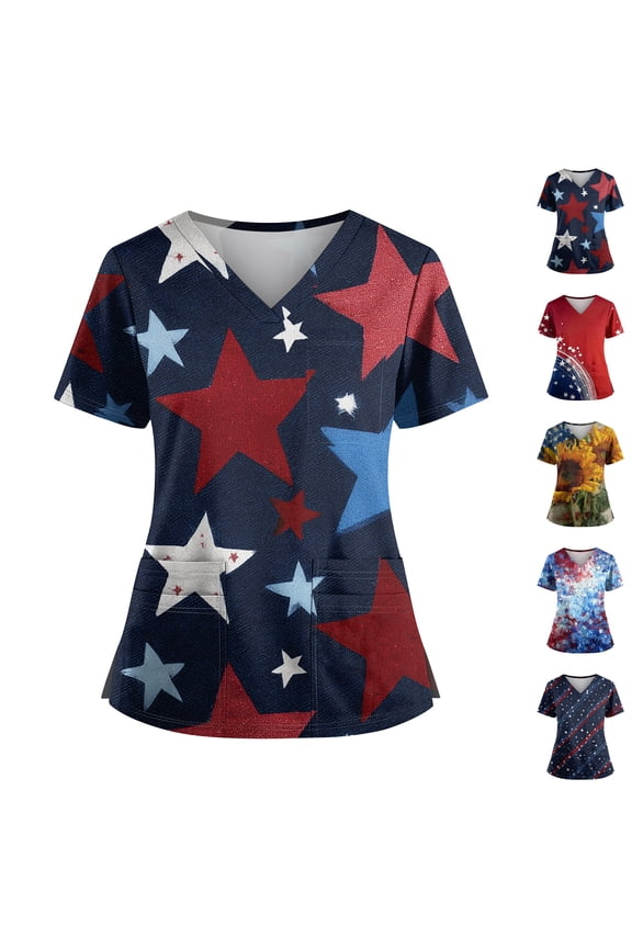 Independence Day Freedom Tshirt for Women 4th July Usa Star Stripes Short Sleeve Scrubs T-Shirts Independence National Flag Print Freedom Tops Usa Flag Fashion V Neck Blouses Deep Red 4XL