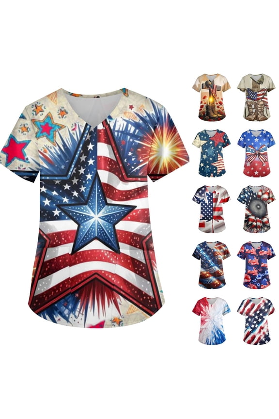 Independence Day Freedom Tshirt for Women Freedom Usa Flag V Neck Tees American Birthday American Flag Summer T-Shirts Usa Star Stripes Fashion Short Sleeve Scrubs Tops Beige S