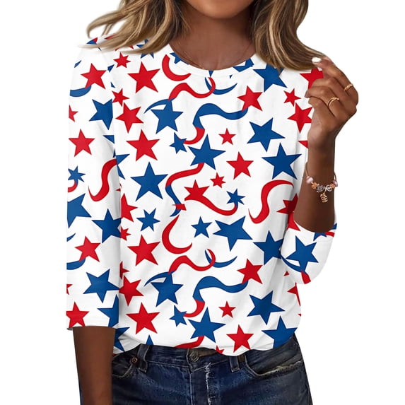 KDDYLITQ Independence Day Shirts Womens 250th Anniversary Printed 3/4 Sleeve Red White Blue Tops Flag Crew Neck July 4th Tees Lounge 2026 Blousees White 3XL