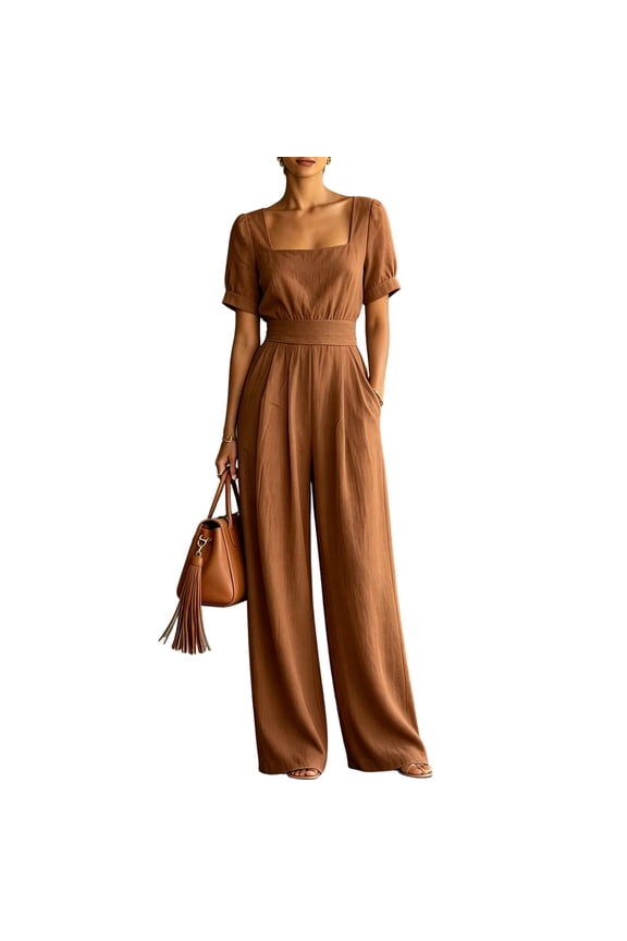 Jumpsuits for Women Loose Short Sleeve Square Neck Rompers Stretchy Comfy Long Pant Overalls with Pockets Ginger M